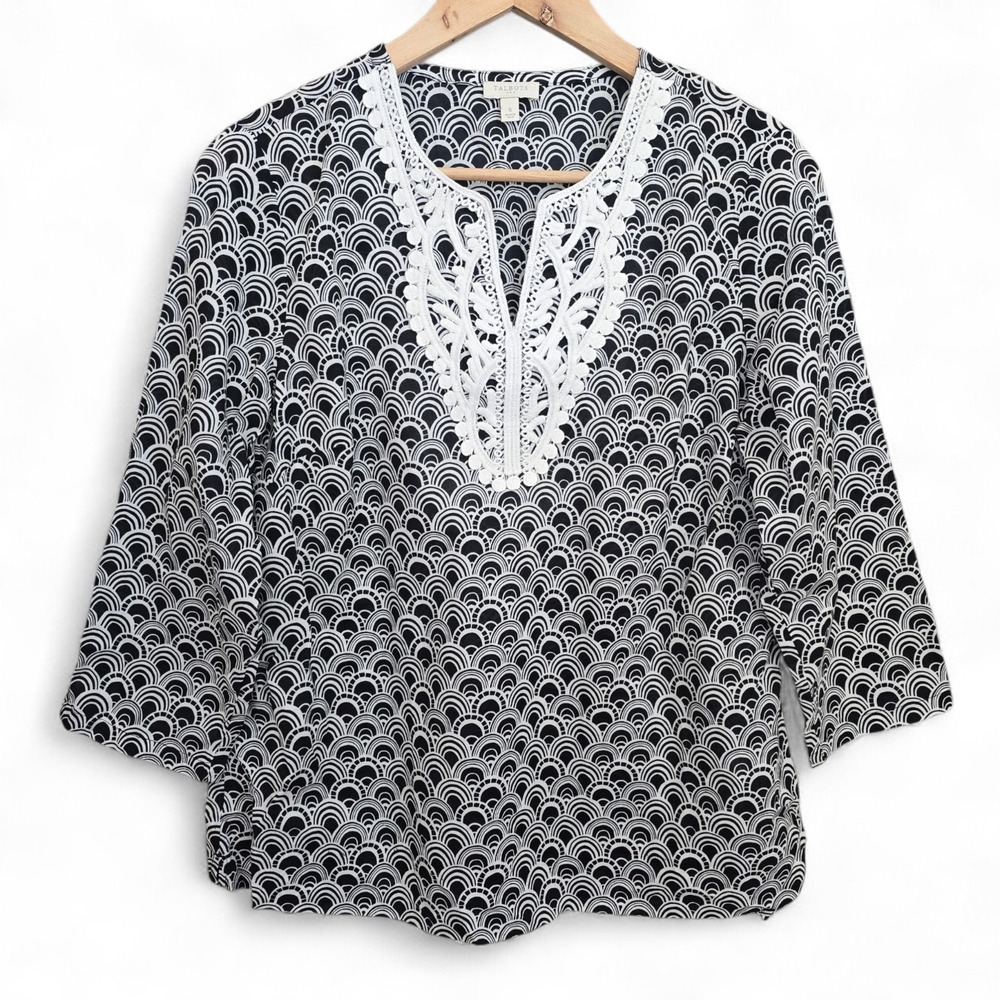 Talbots Top Womens Small Black V Neck Semi Sheer Blouse Crochet Accent Blouse